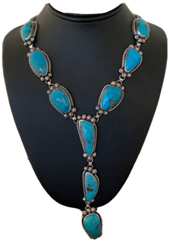 Navajo Kingman Turquoise Pendant Lariat Necklace | Sterling Silver Navajo Pearls | 1188