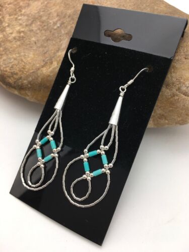 Navajo Blue Turquoise Tube Heishi Dangle Earrings | Sterling Silver | 2" | 3100