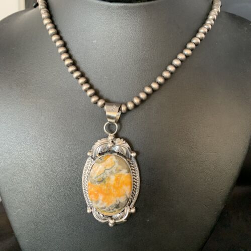 Navajo Bumblebee Jasper Pendant Necklace | Sterling Silver | Authentic Native American Handmade | 14200