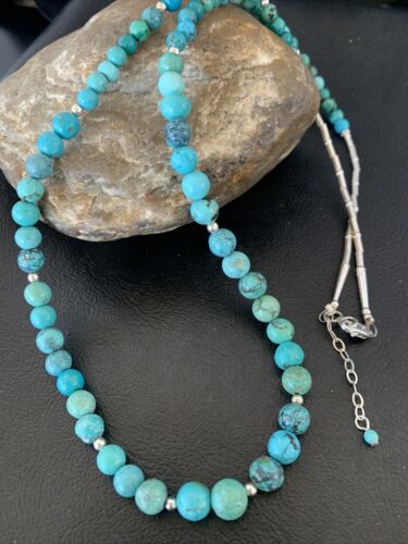 Navajo Women's | Natural Blue Turquoise Bead Necklace | Sterling Silver | 25" | Authentic Native American Handmade | 11664