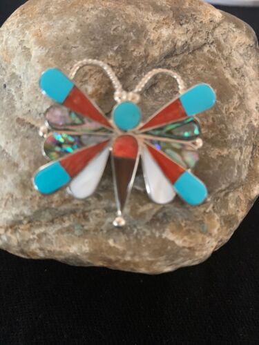 Zuni Butterfly Pin Pendant | Turquoise & Mother of Pearl | Sterling Silver | Authentic Native American Handmade | 4695