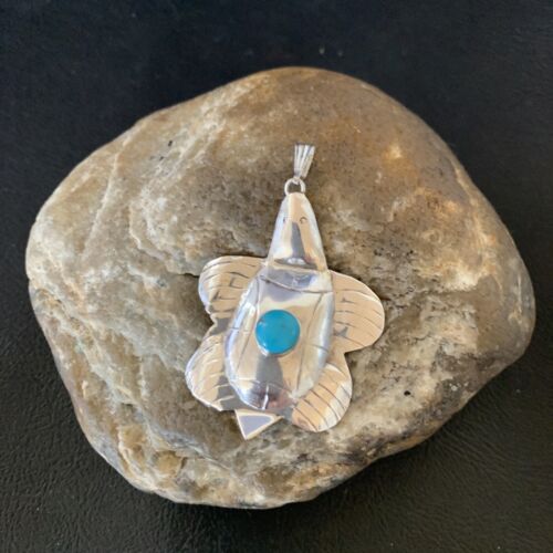 Navajo Blue Turquoise Turtle Pendant | Sterling Silver | Authentic Native American Handmade | 12804