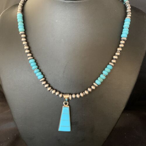 Navajo Blue Turquoise Inlay Pendant Necklace | Sterling Silver | Authentic Native American Handmade | 13866