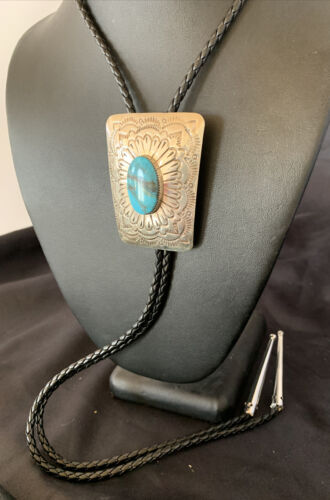 Men's Bolo Tie | Navajo Blue Kingman Turquoise | Sterling Silver | Authentic Native American Handmade | 12144