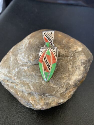 Navajo Pink Coral & Green Gaspeite Inlay Pendant | Sterling Silver | Authentic Native American Handmade | 12483