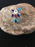 Zuni Peyote Bird Ring | Turquoise Onyx Coral Mother of Pearl Inlay | Sz 6.6 | Sterling Silver | 10792