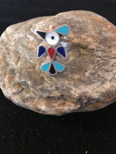 Zuni Peyote Bird Ring | Turquoise Onyx Coral Mother of Pearl Inlay | Sz 6.6 | Sterling Silver | 10792