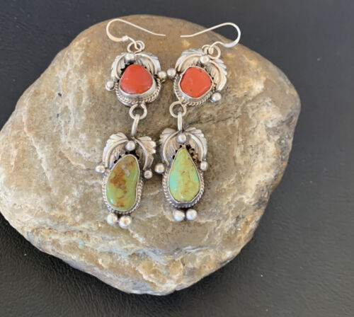 Navajo Green Royston Turquoise & Red Coral Dangle Earrings | Sterling Silver | Native American Handmade | 12354