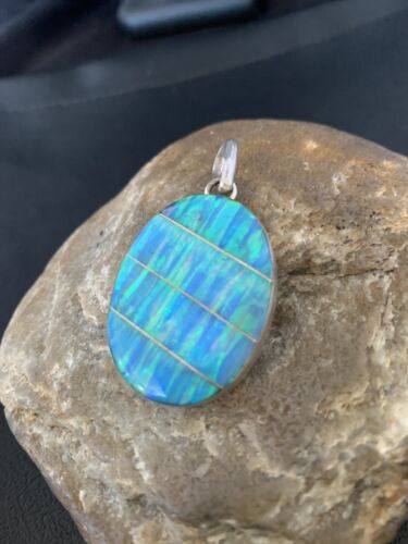 Navajo Blue Opal Inlay Pendant | Sterling Silver | Authentic Native American Handmade | 13142