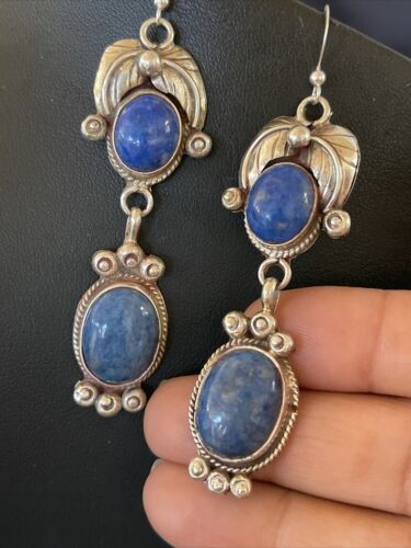 Native American Navajo Denim Lapis Dangle Earrings | Sterling Silver | 2" | 01681
