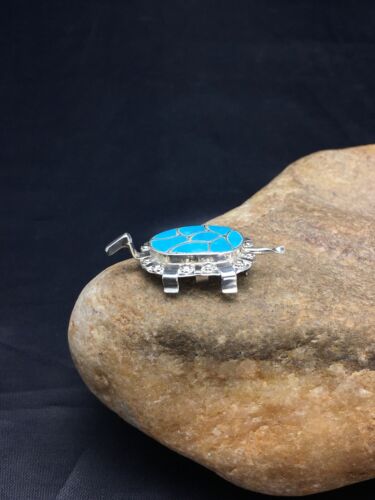 Authentic Native American Zuni Sterling Silver Turtle Pin Pendant | Blue Turquoise | Handmade | 2805