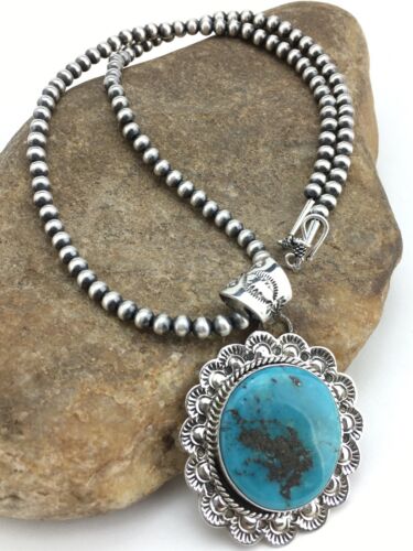 Men's Kingman Turquoise Pendant | Navajo Pearl Sterling Silver Necklace | Authentic Native American Handmade | 4876