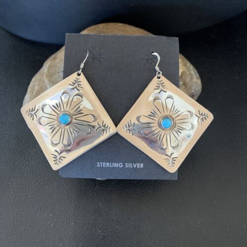 Navajo Blue Turquoise Earrings | Stamped Sterling Silver | Authentic Native American Handmade | 13322