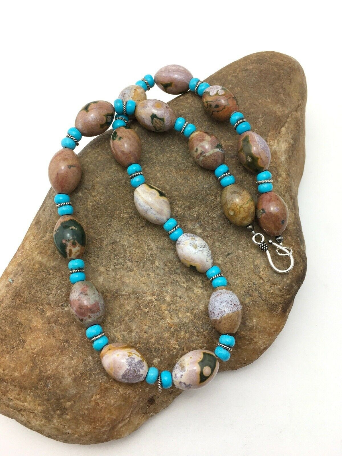 Native American Sterling Silver Blue Turquoise Agate Necklace | Authentic Handmade | 19" | 4499 - Masha USA