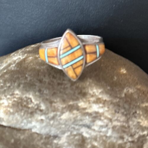 Navajo Blue Turquoise Spiny Oyster Inlay Ring | Sz 8.5 | Authentic Native American Handmade | 14558