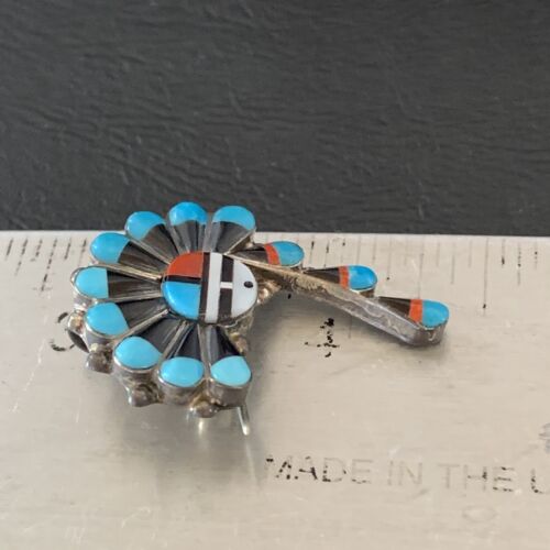 Zuni Turquoise Mother of Pearl Onyx Inlay Sun Face Necklace Pin Pendant | Sterling Silver | 1679