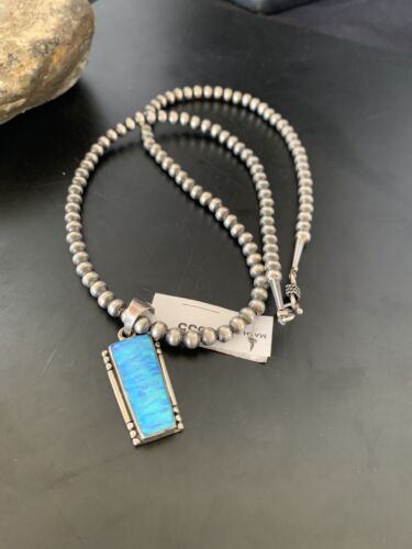 Blue Opal Inlay Necklace Pendant | Navajo Pearls | Sterling Silver | Authentic Native American Handmade | 2835