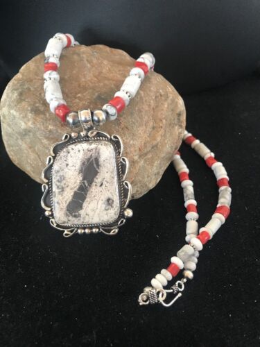 Navajo Pearls White Buffalo Turquoise Necklace Pendant | Sterling Silver | Authentic Native American Handmade | 8216