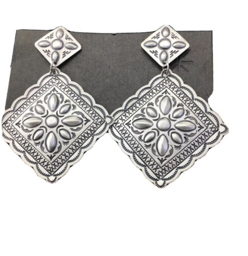 Native American Navajo Stamped Earrings | Sterling Silver | 2.75" | 1733
