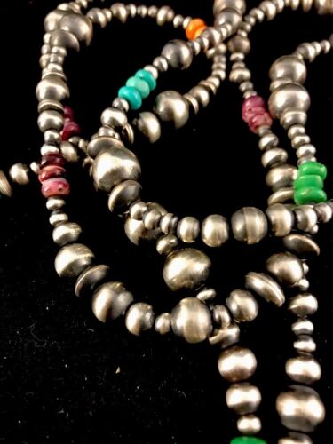 Navajo Pearls Turquoise Coral Bead Necklace | 51" Single Strand Sterling Silver | Southwestern Native American | 8112
