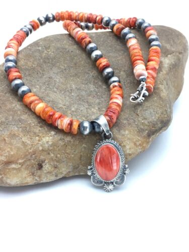 Navajo Orange Spiny Oyster Pendant Necklace | Sterling Silver Beads | Authentic Native American Handmade | 2689