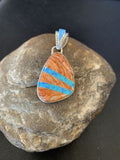 Men's Navajo Orange Spiny Oyster Blue Opal Inlay Pendant | Sterling Silver | Authentic Native American Handmade | 12485
