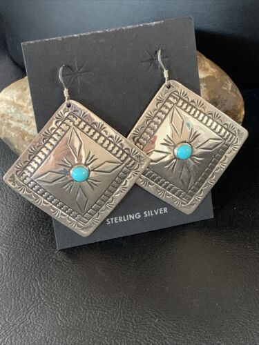 Navajo Blue Turquoise Earrings | Stamped Sterling Silver | Authentic Native American Handmade | 13324