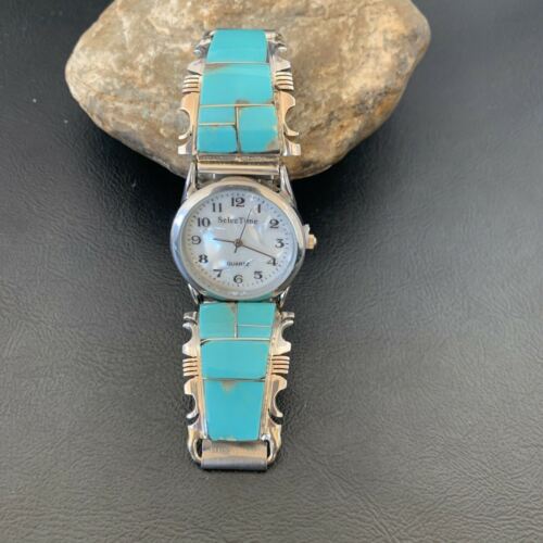 Navajo Men's Watch Tips | Sterling Silver & Turquoise Inlay | Authentic Native American Jewelry | 2094