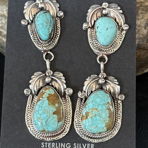 Navajo Blue #8 Turquoise Dangle Earrings | Sterling Silver | Authentic Native American Handmade | 14338
