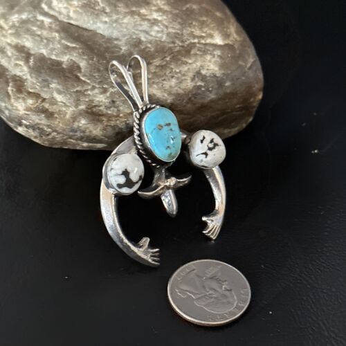 Navajo Blue Kingman Turquoise White Buffalo Naja Pendant | Sterling Silver | Authentic Native American Handmade | 14668