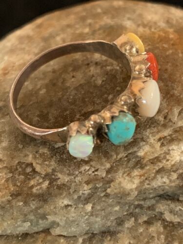 Zuni Opal, Coral, Turquoise Multi-Stone Ring | Authentic Native American Sterling Silver | Sz 6.5 | 8838