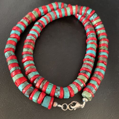 Southwestern Men's Heishi Turquoise Coral Necklace | Sterling Silver | Authentic Native American Handmade | 23" | 13927