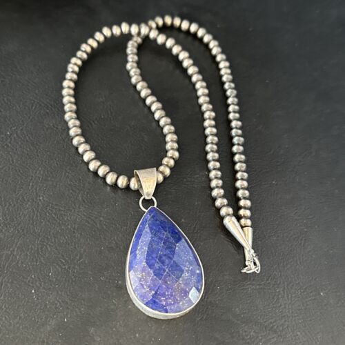 Men's Navajo Pearls Necklace with Faceted Lapis Pendant | Sterling Silver | Authentic Native American Handmade | 14469