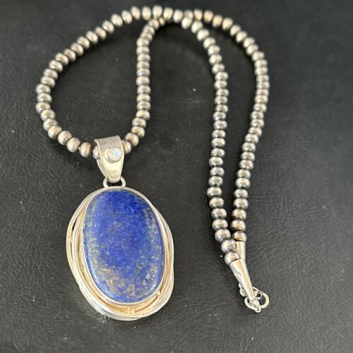 Native American Men's Navajo Pearls Necklace Pendant | Sterling Silver Lapis | 14466