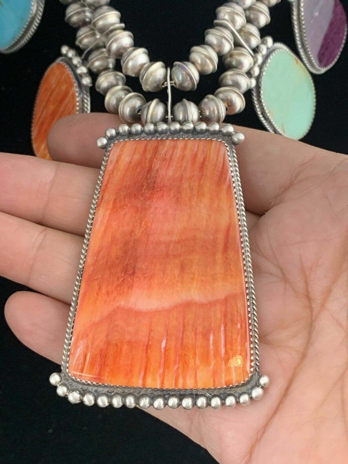 Navajo XL Spiny Oyster Squash Blossom Necklace | Sterling Silver Turquoise | Authentic Native American Handmade | 12702