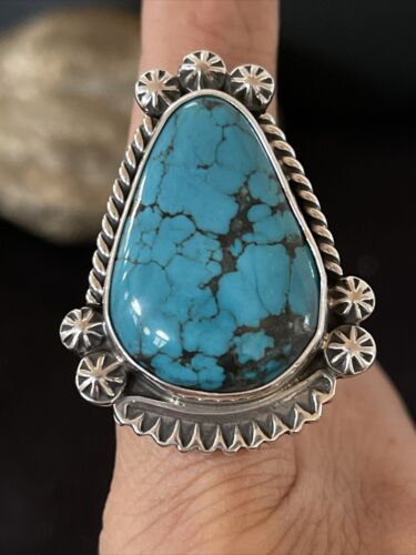 Navajo Blue Spiderweb Turquoise Ring | Sterling Silver | Sz 7.5 | Authentic Native American Handmade | 1068