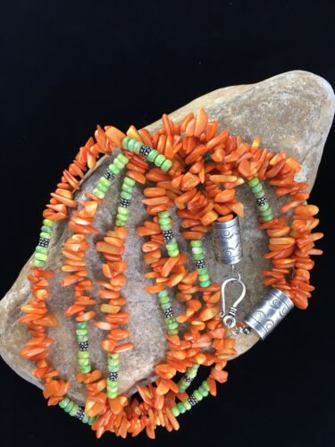 Navajo Pearls 3-Strand Necklace | Sterling Silver Orange Coral | 19" | Authentic Native American Handmade | 10042