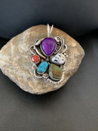 Navajo Sugilite, White Buffalo Turquoise, Spiny Oyster Multi-Stone Pendant | Authentic Native American Sterling Silver | Multi-Stone | 1224