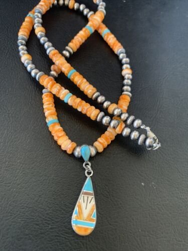 Navajo Pearls, Orange Spiny Oyster & Turquoise Sterling Silver Necklace with Pendant | Authentic Native American | 12704