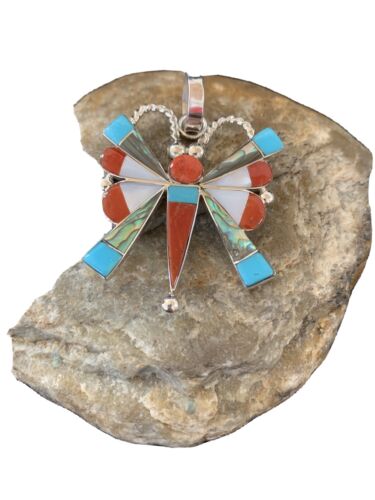 Zuni Turquoise Coral Mother of Pearl Butterfly Necklace Pin Pendant | Sterling Silver Inlay | 1368
