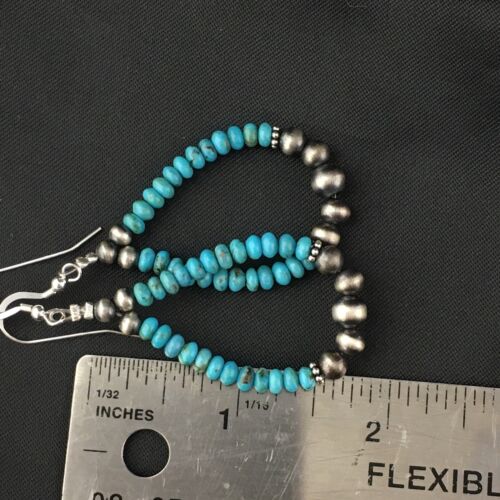 Navajo Blue Turquoise Bead Earrings | Sterling Silver Pearls | 1.75" | Authentic Native American Handmade | 1971