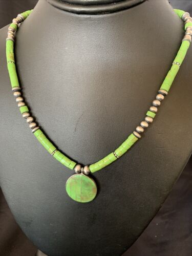 Navajo Green Gaspeite Turquoise Pendant | Sterling Silver | Authentic Native American Handmade | 12344