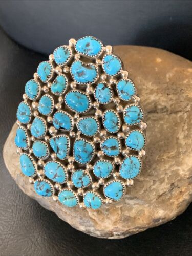Navajo Kingman Turquoise Cluster Ring | Authentic Native American Sterling Silver | Multi-Stone | Sz 7 | 12226