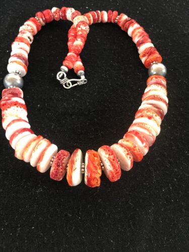 Navajo Red Spiny Oyster Necklace | Sterling Silver | Authentic Native American | Graduated | 21" | 8484