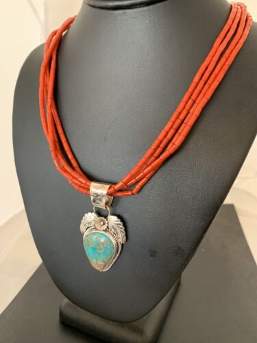 Navajo Sterling Silver Turquoise Pendant with Coral Bead Necklace | Multi-Strand | Authentic Native American Handmade | 00370