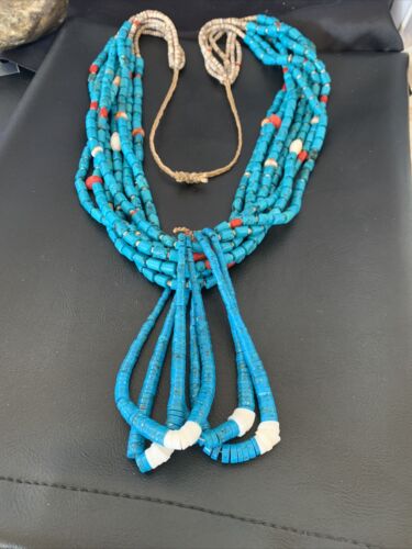 Southwestern Santo Domingo Coral Spiny Blue Turquoise Jacla Necklace | 32" | Native American Handmade | 12047