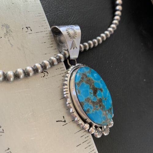 Navajo Pearls Blue Kingman Turquoise Necklace Pendant | Sterling Silver | Authentic Native American Handmade | 10765