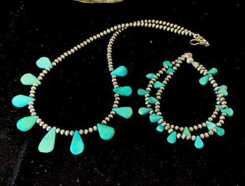 Navajo Pearls Sterling Silver Necklace & Bracelet Set | Blue Turquoise | Authentic Native American Handmade | 516