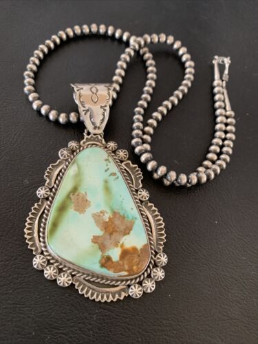 Navajo Green Royston Turquoise Pendant Necklace | Sterling Silver | Authentic Native American Handmade | 1935