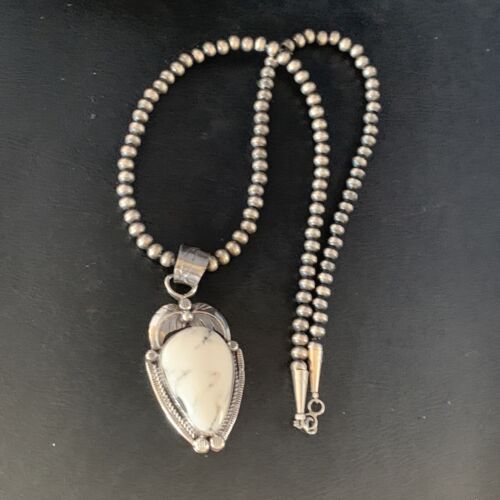 White Buffalo Turquoise Pendant Necklace | Sterling Silver | Navajo | Authentic Native American Handmade | 14049